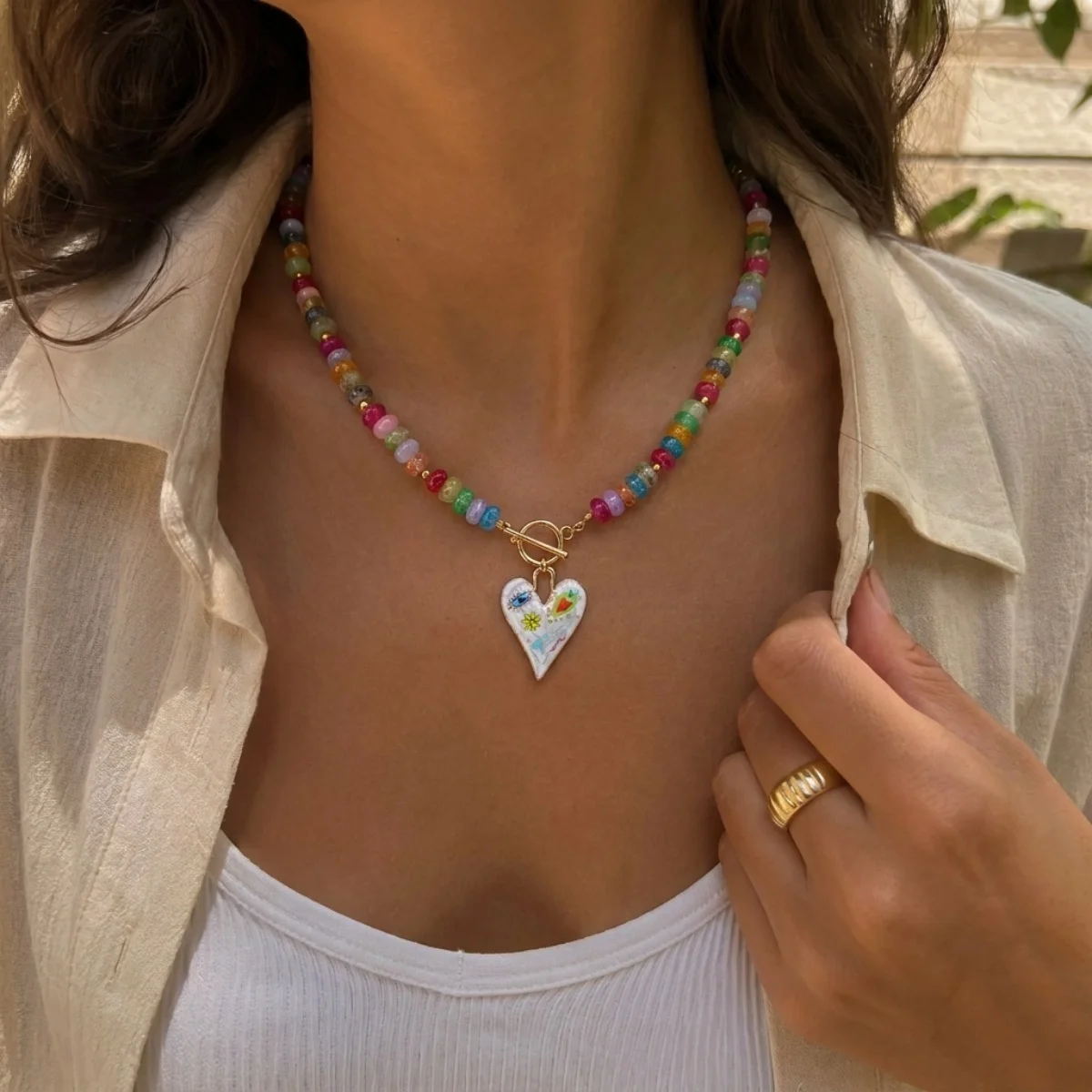 Dopamin Bunte Glas-Flachperlen Graffiti-Blumen-Herz-Anhänger Halskette für Frauen Männer Y2K Vintage OT-Schnallen-Choker Schmuck – Detail 20
