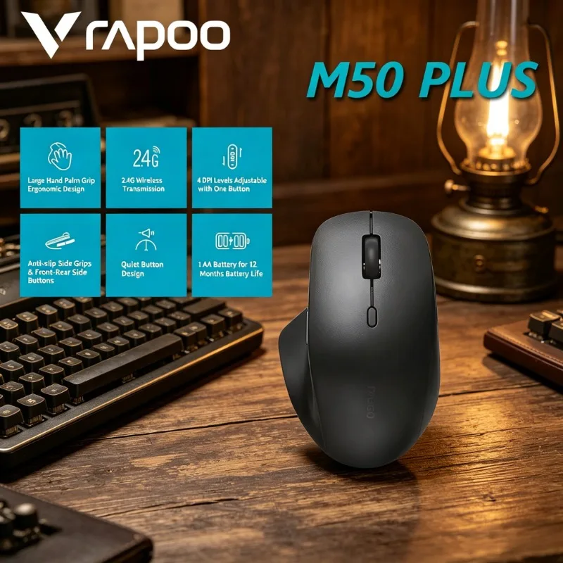 

Rapoo M50 PLUS Silent 2.4G Wireless Mouse Optical Ergonomic Mice Designed For Big Hand For Office Use,600 DPI Switch