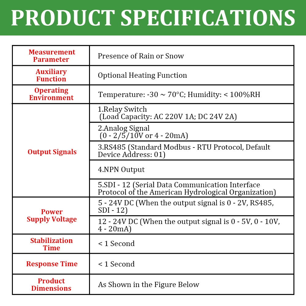 Rain and Snow Sensor Transmitter Weather Induction Detection Heating Anti-icing IP65 Output RS485 0-2V 0-5V 4-20mA 0-10V