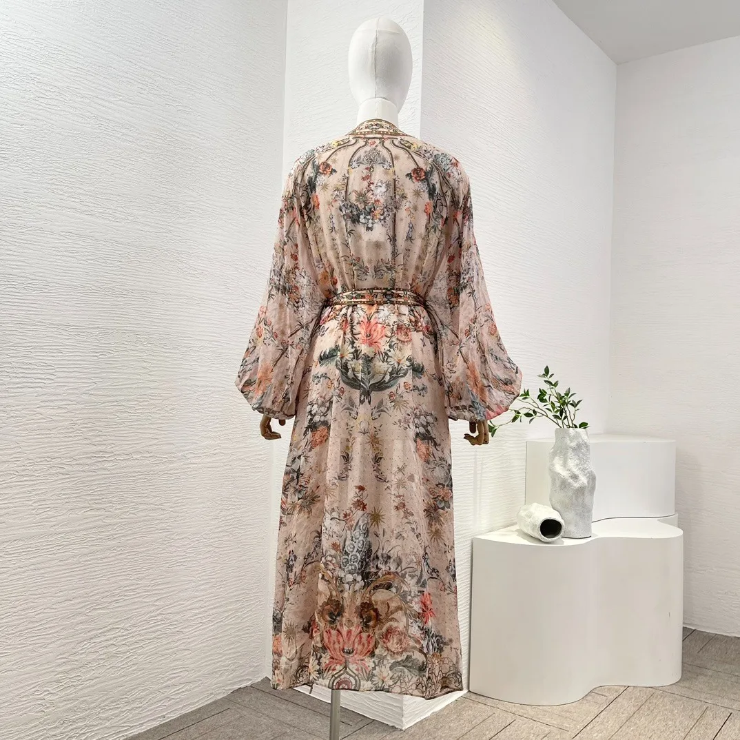 Coral Pink Animal Floral Print High Quality 2024 Pure Silk Loose Waist Long Sleeve Diamonds Pressed Deep V-Neck Midi Wrap Dress