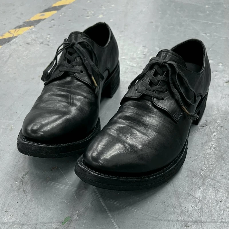 Designer Horseskin Pointed Toe Lace Up Handmade Men's Shoes Thick Soled Genuine Leather Washed Craftsman Leather Shoes Male