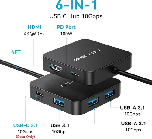 Imagen 2 del producto ACASIS USB C Hub 6 en 1 Adaptador multipuerto de 10 Gbps con 4K 60 Hz HDMI PD 100 W Entrega de energía Adaptador USB C a HDMI para MacBook Dell