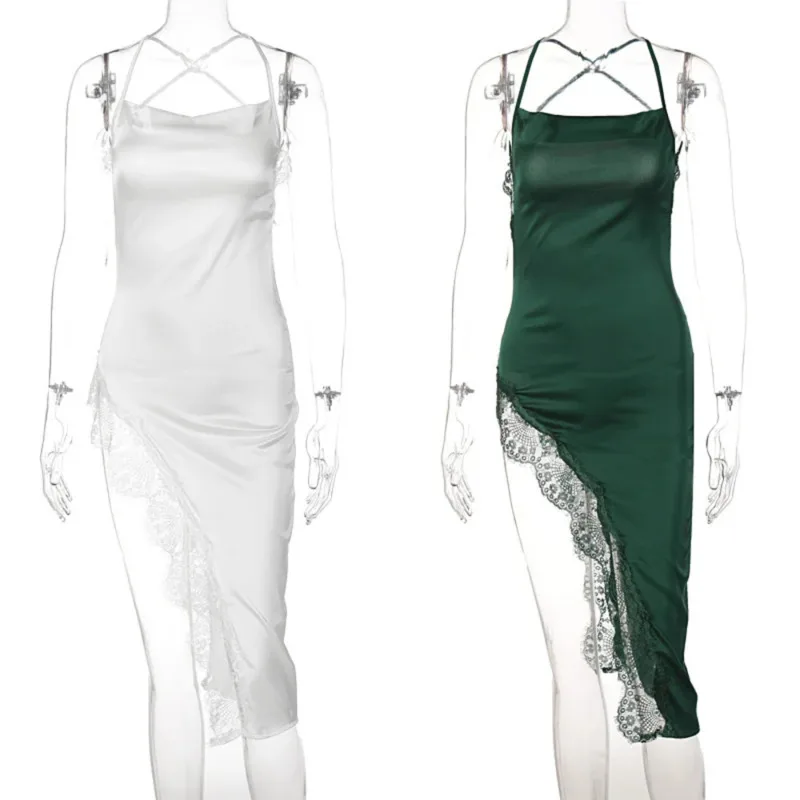 

2025 Sexy Black Satin Bodycon Dress For Women New Lace Trim Backless Design Spaghetti Straps Clubwear Midi Dress For Party Night