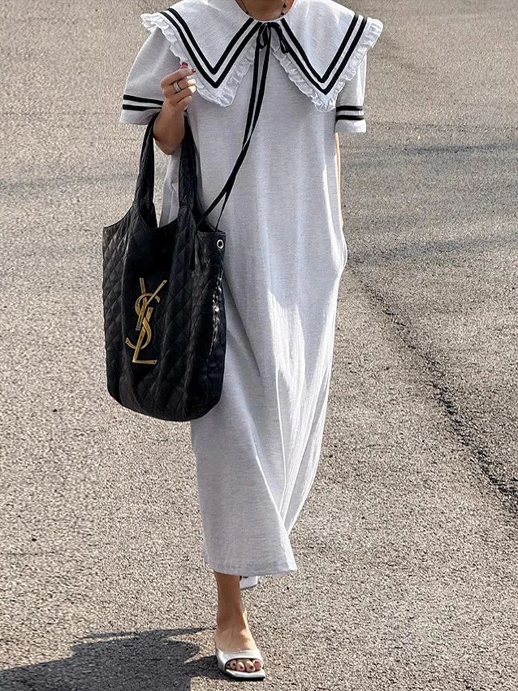 فستان SuperAen بياقة كحلي قابل للفصل للنساء صيفي جديد فضفاض بأكمام قصيرة تي شيرت طويل