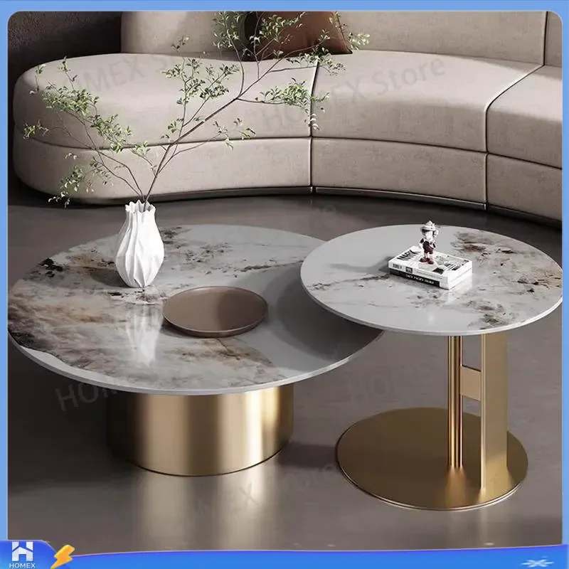 Round Sintered Stone Coffee Table Modern Luxury Metal Base Center Table for Living Room Home Furniture Small Side End Table