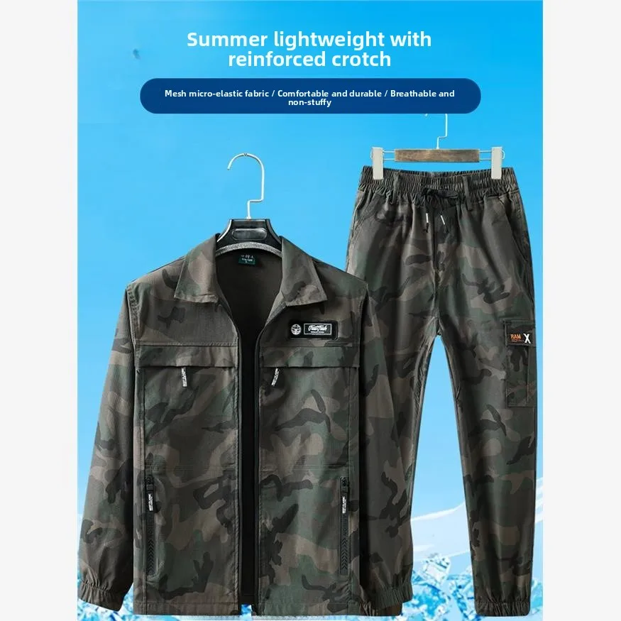 Men's Summer Quick Dry Lightweight Mesh Breathable Elastic Camouflage Workwear Outdoor Casual Labor Protection Suit Set