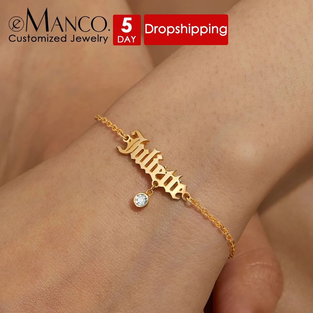 EMANCO Personalized English Name Bracelet with Birthstone Custom Name Bracelets For Women Men Stainless Steel Jewelry Gifts