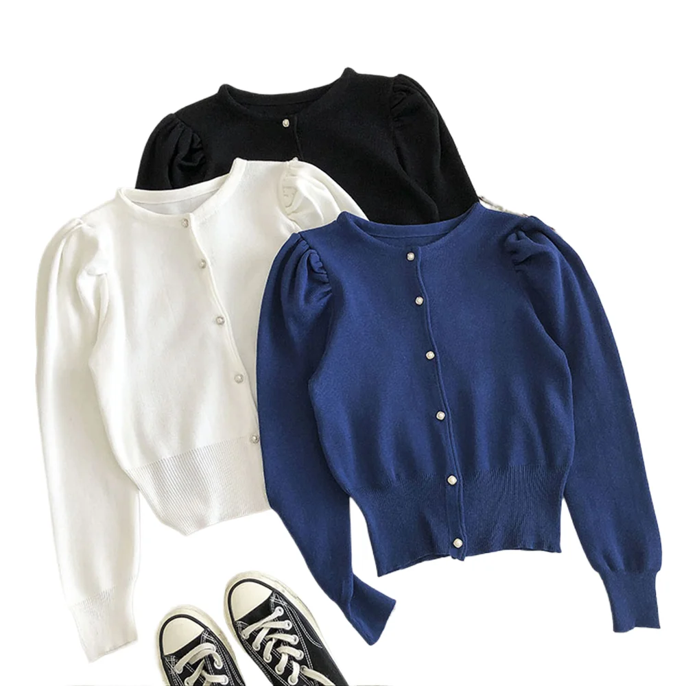 

Single Breasted Puff Sleeve Knitted Cardigan Sweater Autumn New Women Solid O-neck Top Simple Long Sleeved Slim Versatile Coat