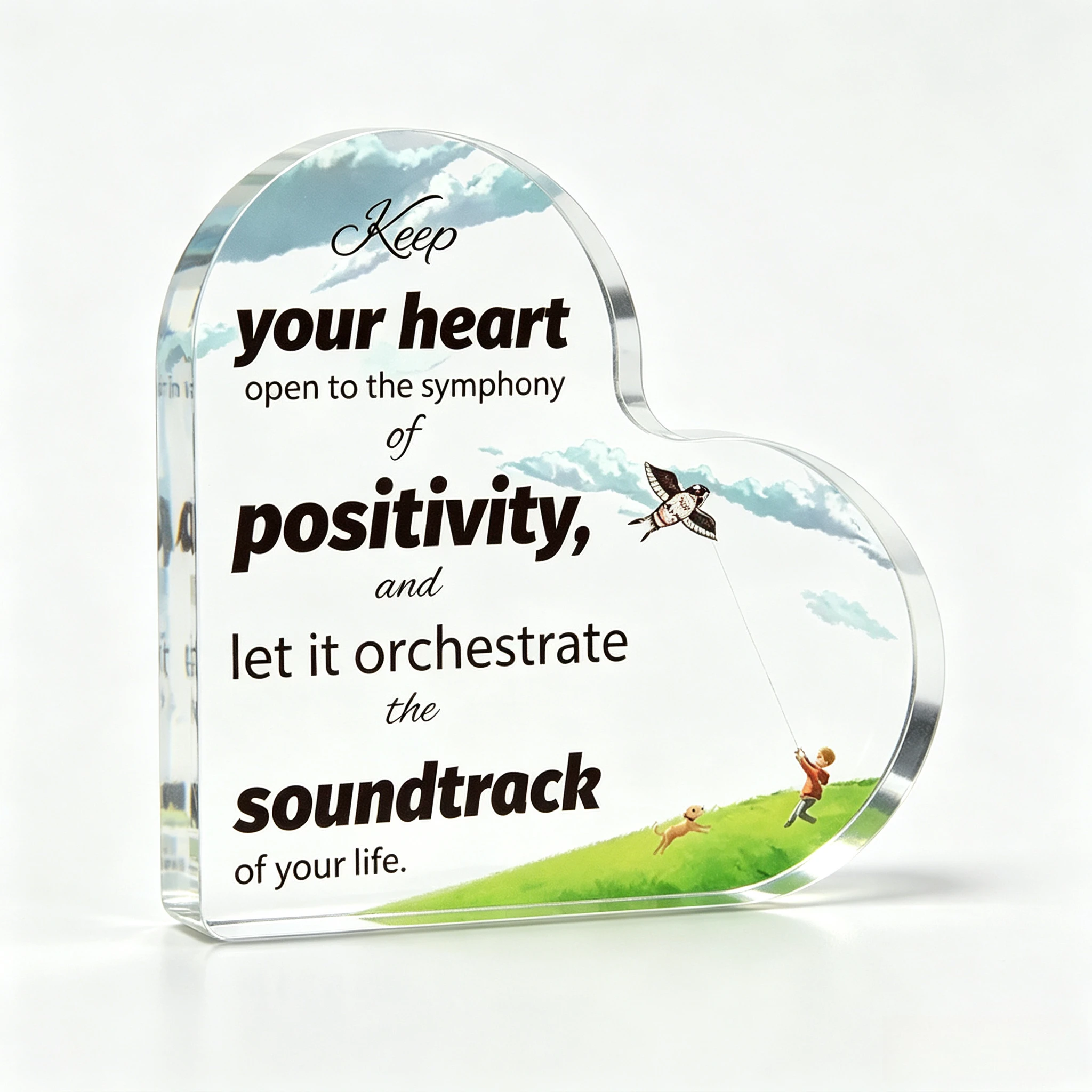 Motivational Life Quote Clear Acrylic Heart Ornament, Cheerful Scenery Art Encouragement Gift