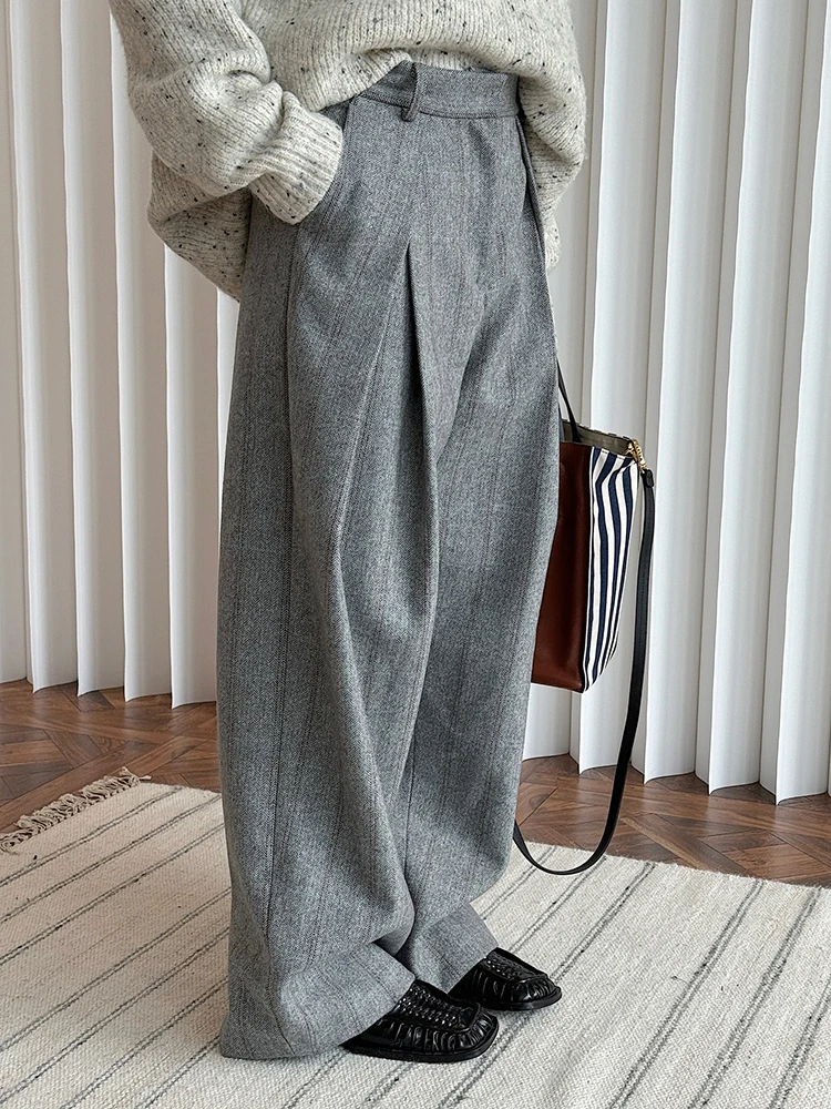[LANMREM] Vintage Striped Wool Pant Women High Waist Pleated Wide Leg Trousers Office Lady Warm Clothing 2024 Winter New 26C712
