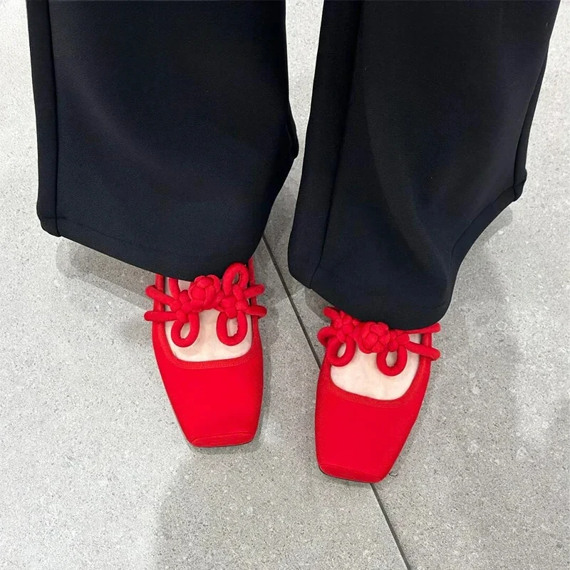 

Ethnic Style Women Red Satin Mary Jane Shoes Fashion Shallow Square Toe Shoes Spring Autumn Soft Sole Ballet Shoes