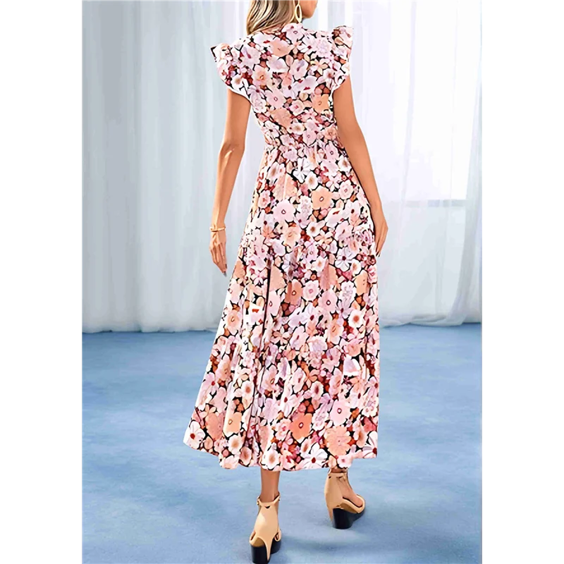 

Women's 2025 Summer Floral Midi Dress Cap Sleeve V Neck Ruffle Long Flowy Boho Casual Beach Vacation Dresses