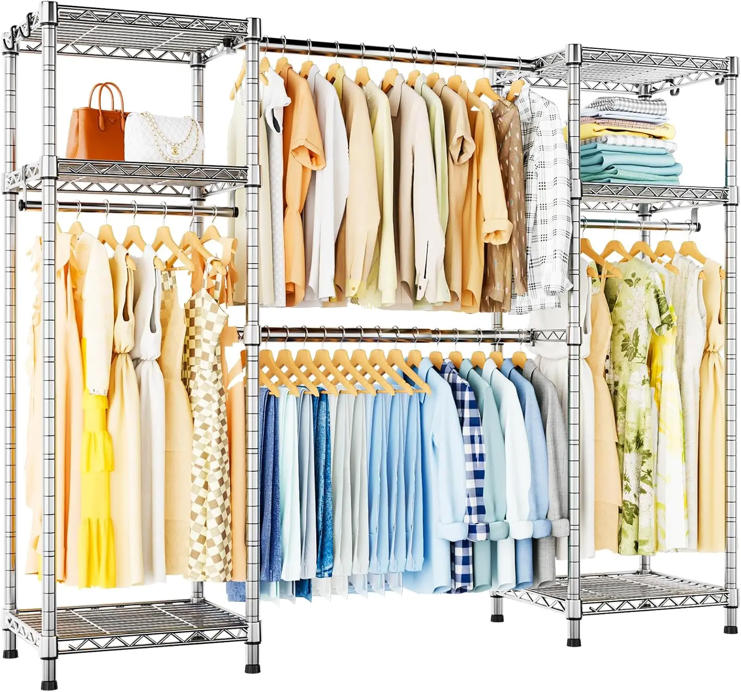 

E7 Garment Rack, Heavy Duty Clothes Storage System with Extendable Hangers Rods, Metal Clothing Rack with 6 Wire Shelves, (52