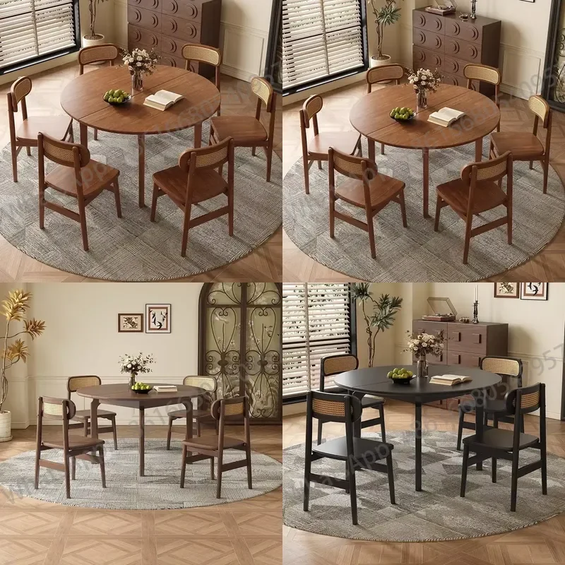 Mid-Century Retro Oval Solid Wood Folding Dining Table Set, Extendable Dining Table and Chairs for Small