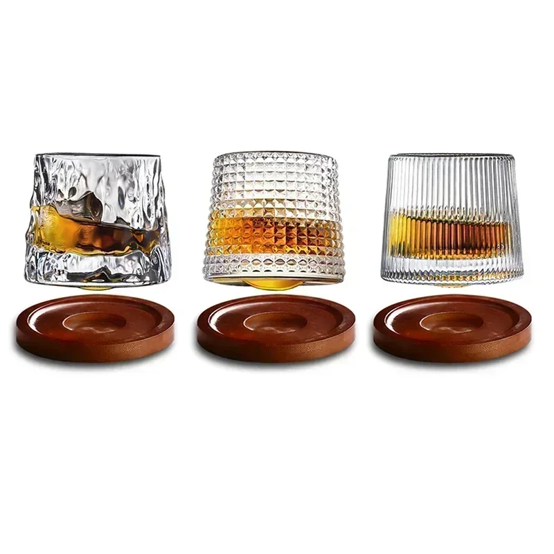 160ML Novelty Rotatable Whiskey Glass Cup Barware Old Fashioned Wine Glass with Wooden Base for Liquor Scotch Bourbon Bar Tools