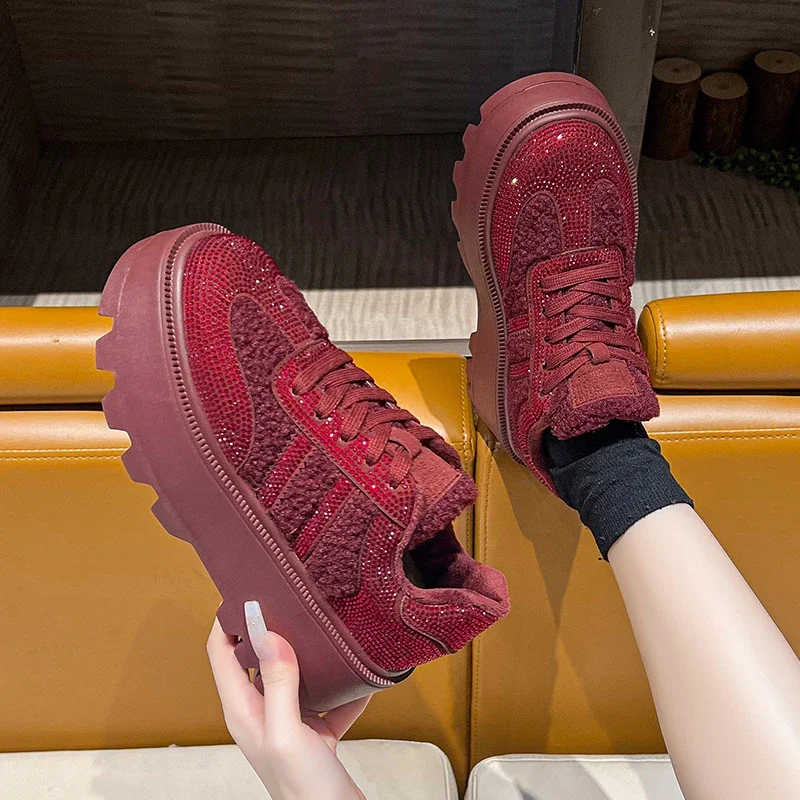 Women's Casual Sports Shoes Winter New Round Head Suede Rhinestones Before Lacing Thick Sole Anti-slip Low-top Cotton Shoes