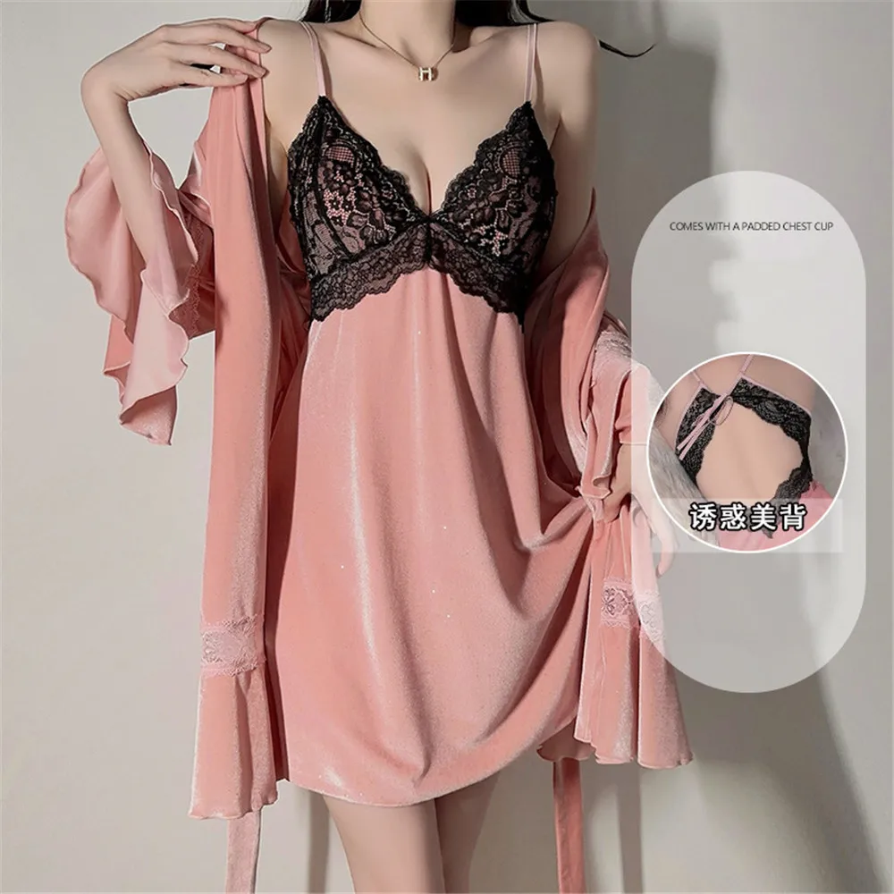 

Autumn Winter Kimono Bathrobe Gown Female Nighty Robe Set Sexy Lace Patchwork Velvet Sleepwear Nightdress Loose Home Dress