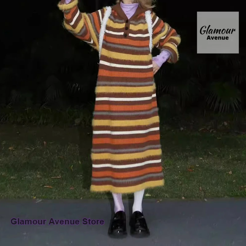 Korean contrast striped sweater hooded dress women's autumn and winter Korean straight loose long sweater skirt sweater top