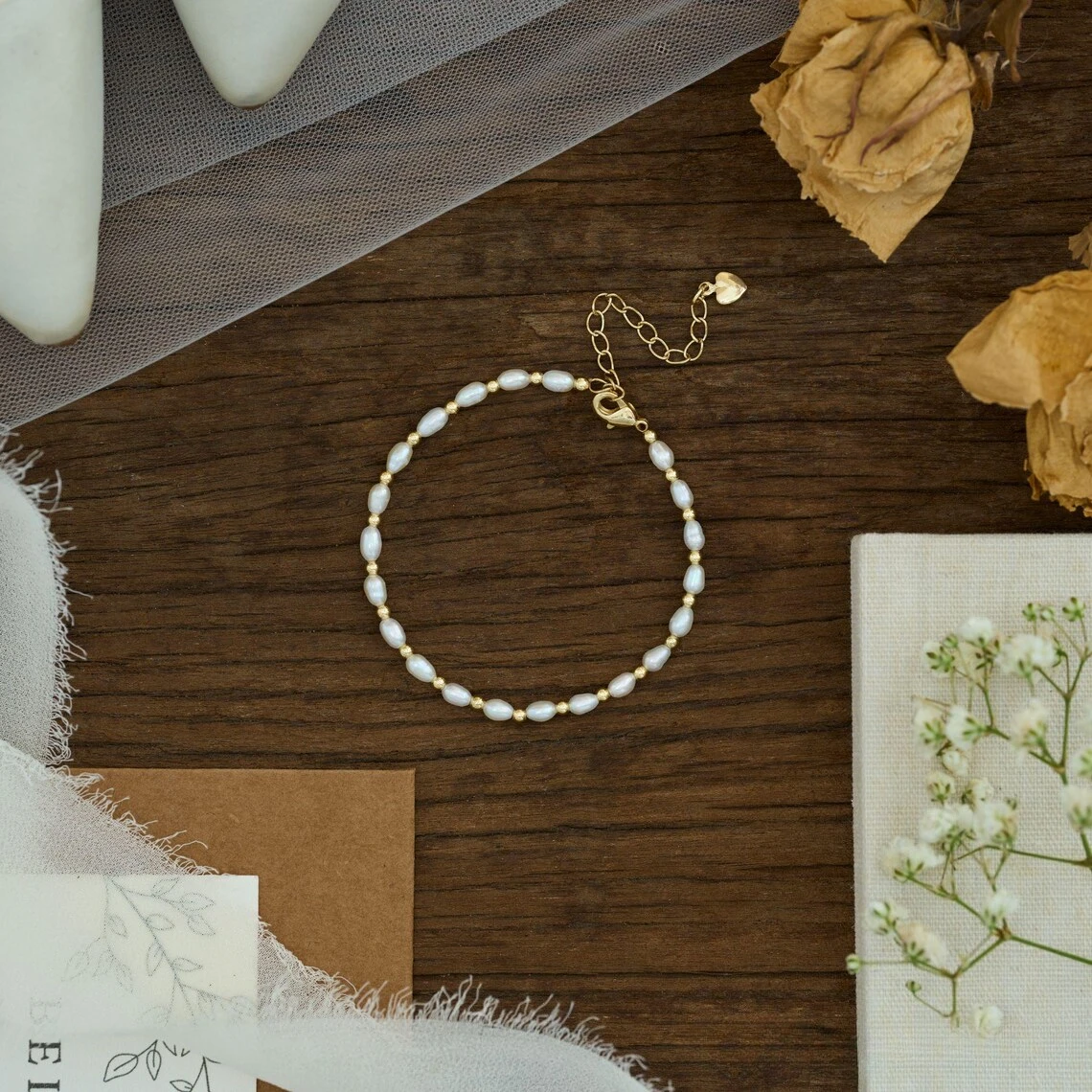 

YWYC 3-4mm Rice Shape Freshwater Pearl Bracelet for Women 4cm Extend Chain 16cm 18cm 20cm Adjustable Bracelet Jewelry Gift
