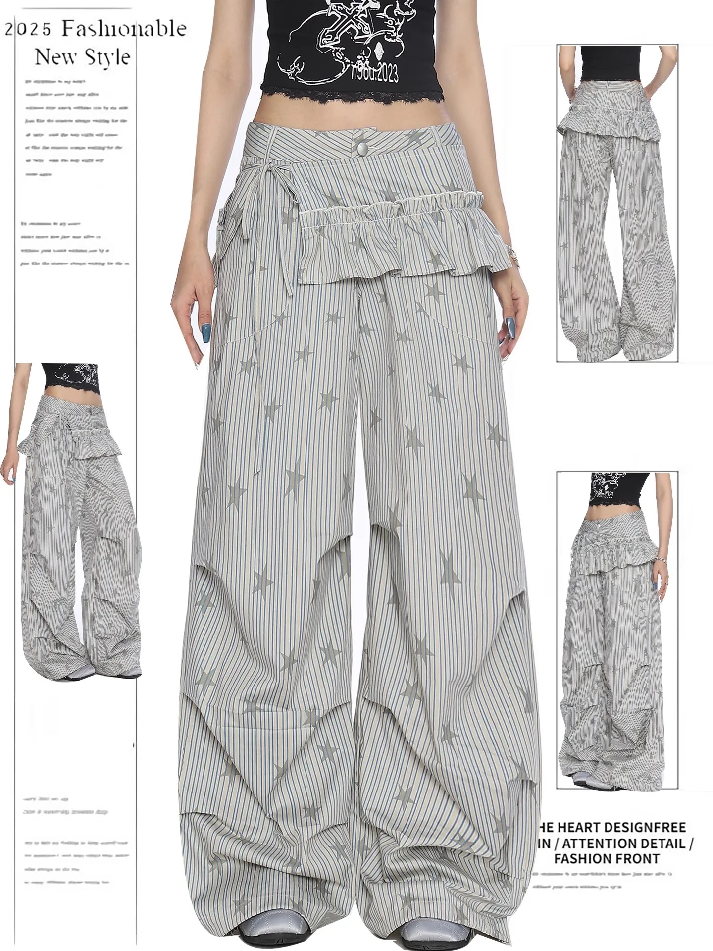 الأمريكية Sle الصيف عارضة مطوي شريطية ستار طباعة العمل السراويل النساء واسعة الساق الطابق طول السراويل مع بعقب الستار الرقص...