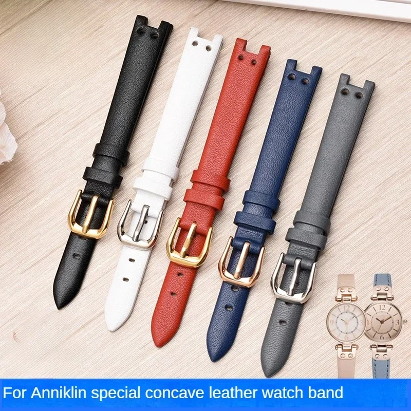 Women's Leather Solid Steel Needle Buckle Watchbands for Anne Klein Series Soft Thin Cowhide Concave Interface Watch Accessories