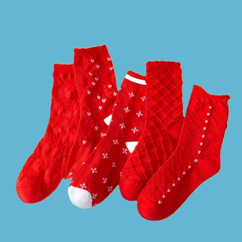 Chaussettes mi-tube en coton rouge vif pour femmes, printemps et automne, fête d'anniversaire pour filles, mariage, 3/6 paires