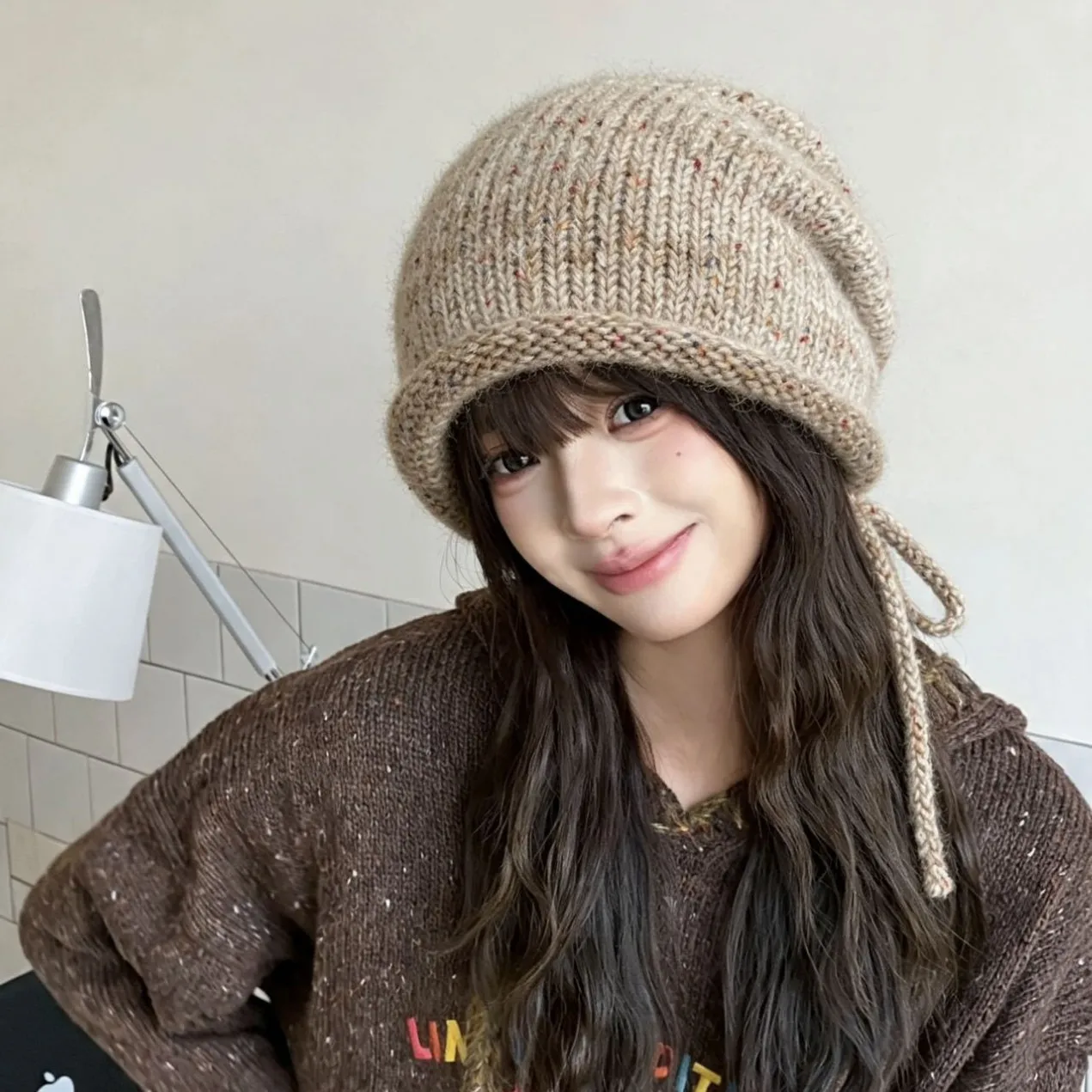 Women Winter Beanie Chunky Knit Hat Warm Slouchy Fisherman Cap with Tie Rolled Brim Soft Fleece Lined Cute Oversized Hat