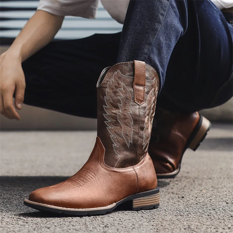 Men Boots Retro Western Cowboy Boots Classic Embroidery Knight Boots High-top Male Casual Shoes Square Toe Leather Mid-Calf Boot
