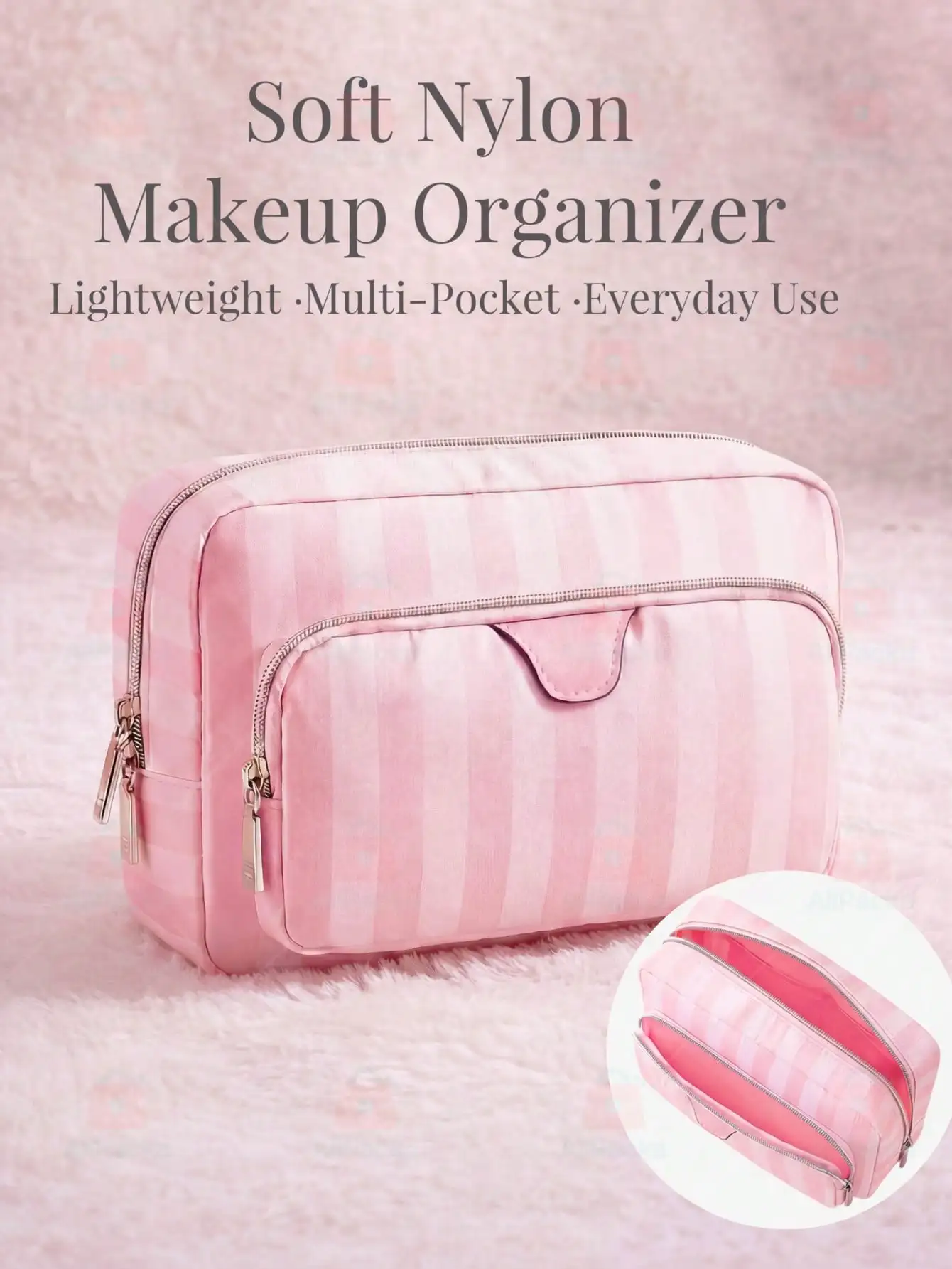 Cute Pink & White Stripe Makeup Bag, Nylon Travel Cosmetic Organizer Toiletry Pouch With Compartments, Portable Storage Bag For Women And Girls