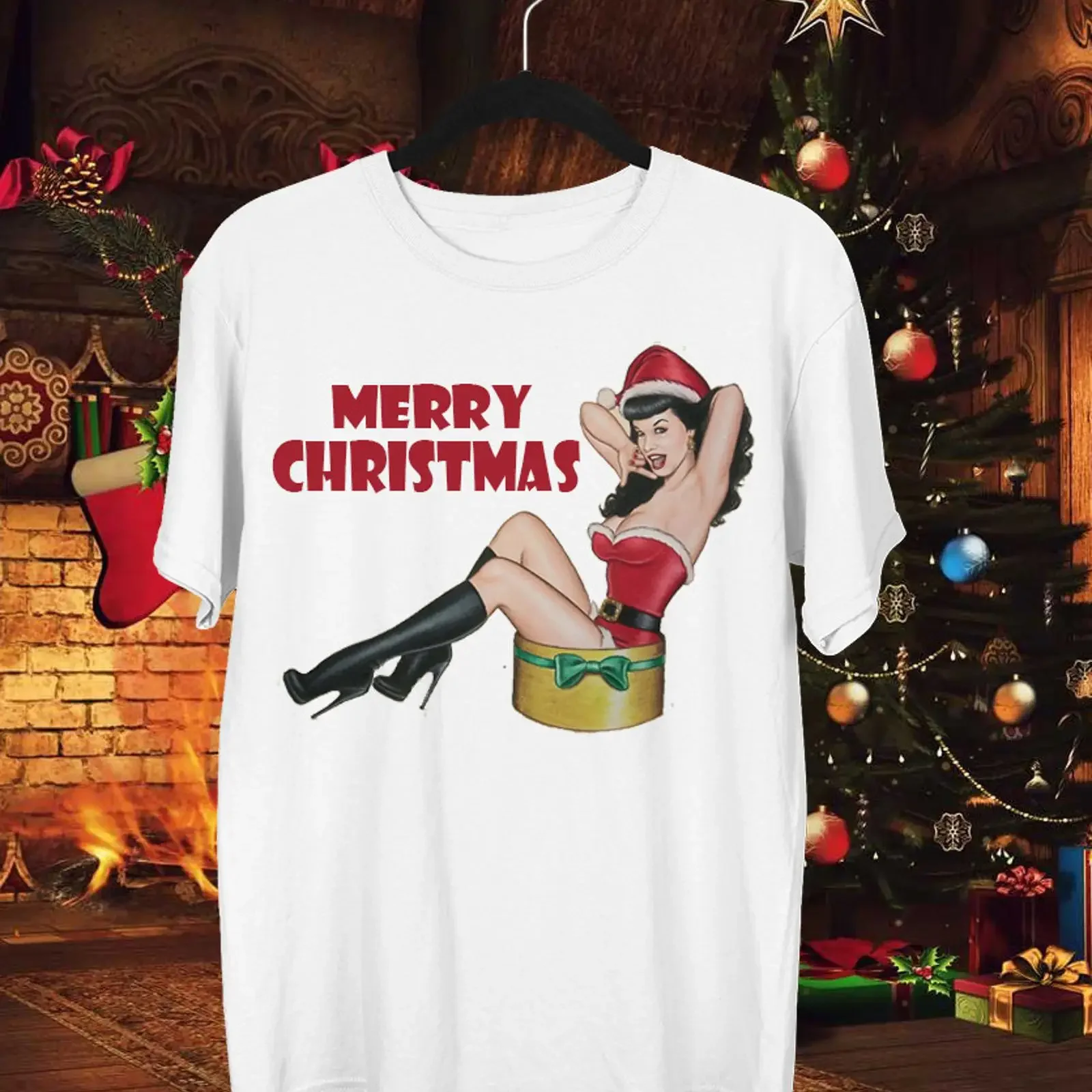 bettie page christmas the naughty list T shirt Cotton S 4XL MO299 vintage Washed Breathable streetwear designer clothes