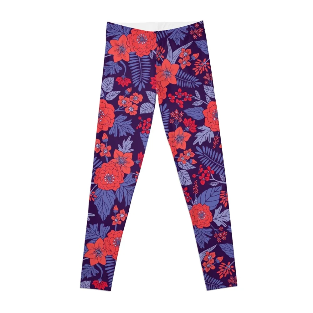 Purple, Red, Coral & Periwinkle Blue Floral Pattern Leggings exercise clothing for Women's fitness Womens Leggings