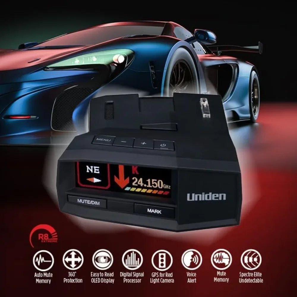 R8 Extreme Long-Range Radar/Laser Detector, Dual-Antennas Front & Rear Detection W/Directional Arrows, Built-in GPS