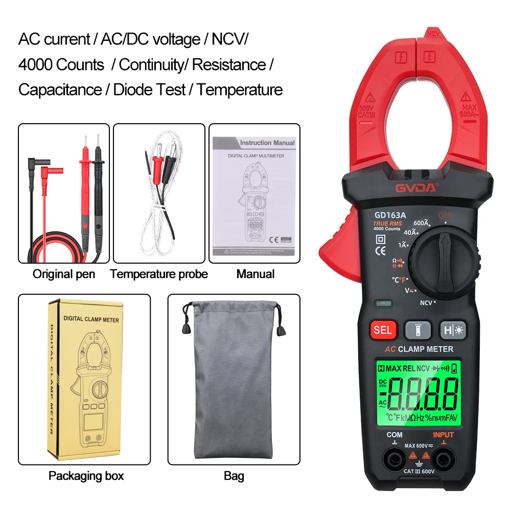 Multimètre numérique GVDA avec pince détectrice, testeur de tension AC/DC à gamme automatique, True 