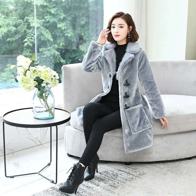 

Autumn Winter Sheep Shearing Faux Fur Coats Womens 2022 New Korean Fox Fur Collar Fur All-in-one Plus Size Long Parkas Women