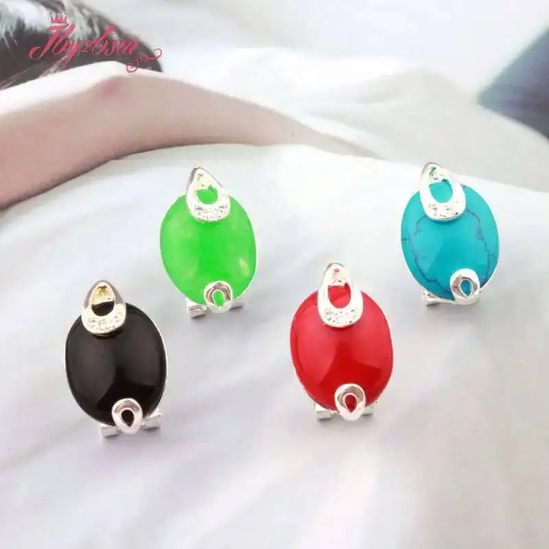 

12x16mm Oval Shape Aagte/Coral/Sandstone Stone Beads Fashion Style Tibetan Silver For Woman Festival Gift Clamp Earring 1 Pair