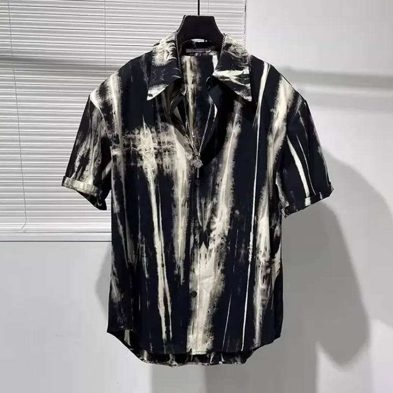 

Men's Tie-Dye Striped Short Sleeve Shirt Casual Loose Fit Button Down Top