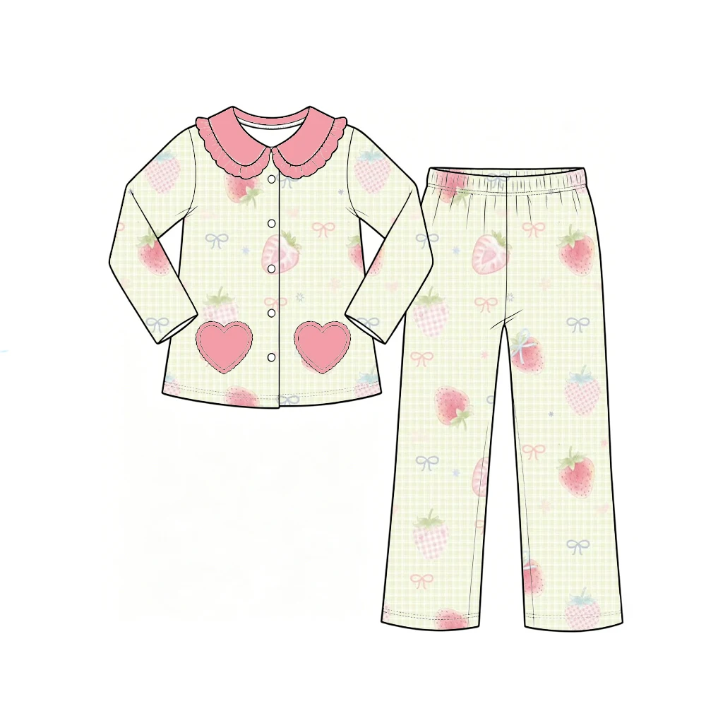 Boutique kids sets lapel ruffle Loose-fitting long-sleeve pants pajama set ruffles love pocket flower fruit print custom