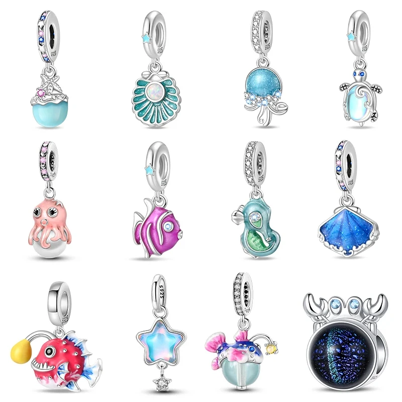 Summer Ocean Series 100% 925 Sterling Silver Blue Luminous Jellyfish Seashells Fish Charms Beads Fit Pandora Bracelets Jewelry