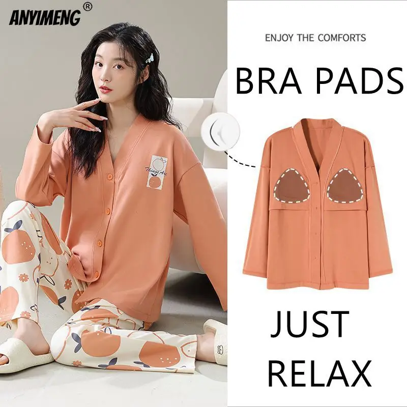 Bra Pads Kimono V-neck Women Pajamas Set Spring New Fashion Woman Sleepwear Casual Long Sleeves Pijamas M-3XL Lady Nightwear Pjs