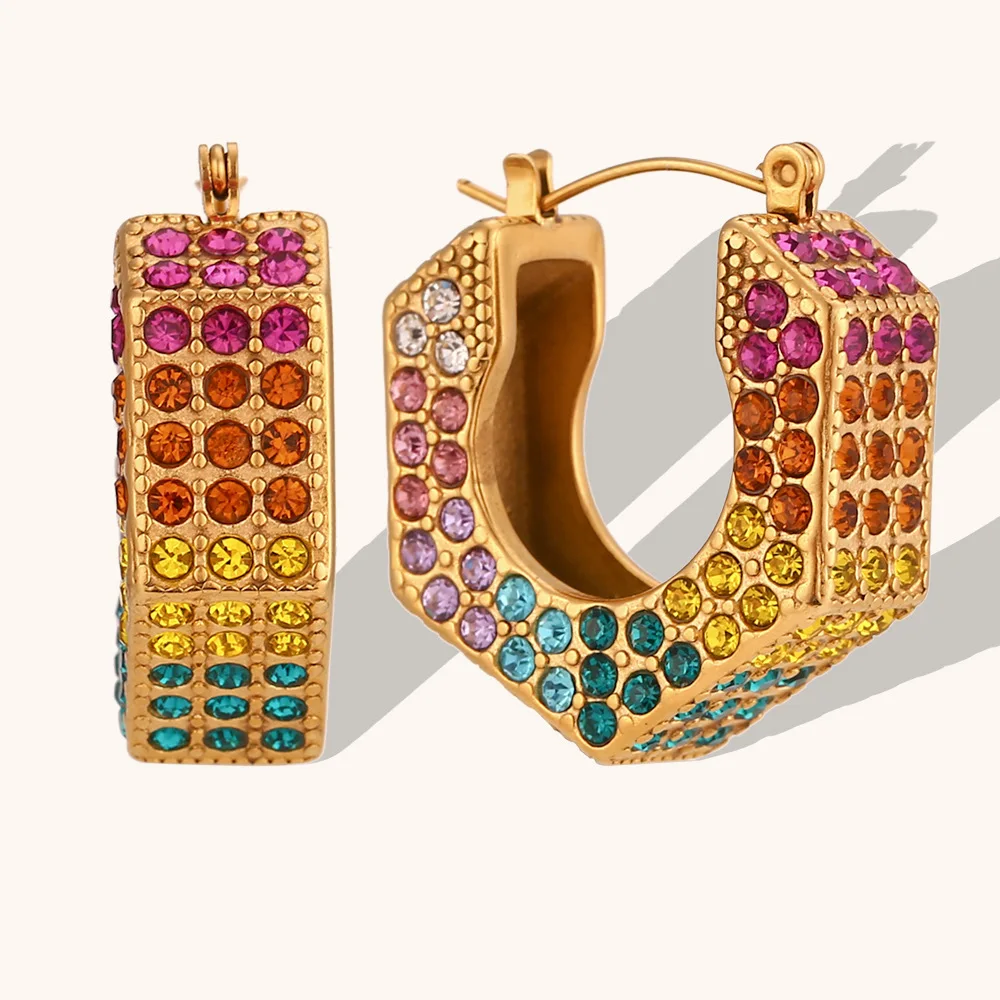 

Free dropshipping Ins Geometric Colorful Diamonds CZ Zircon Ear Hoop Stainless Steel Ear Huggie Rainbow Hexagon Earrings Jewelry