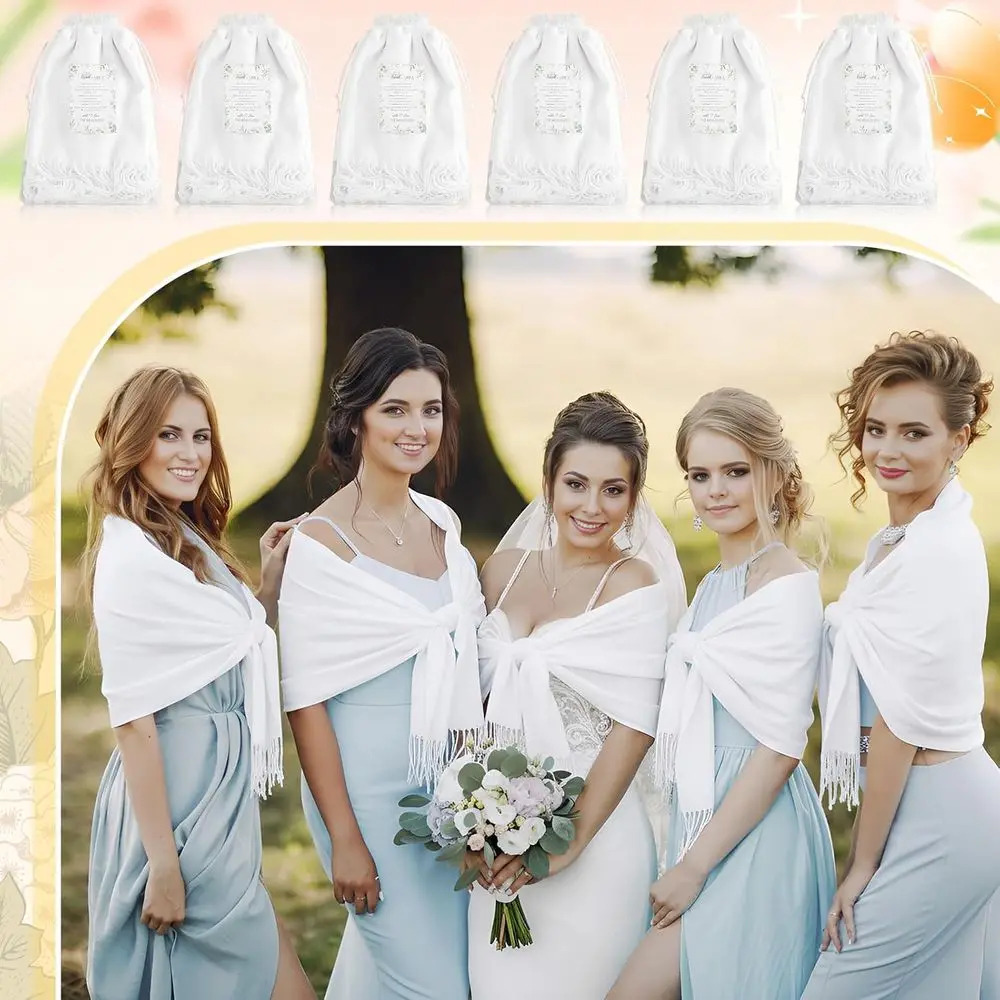 مجموعة شال أنيقة مع بطاقات كبيرة وحقيبة أورجانزا بيضاء لأوشحة الزفاف النسائية وأغطية وصيفات العروس ومفضلات الحفلات