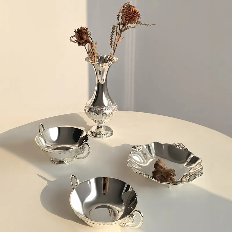 ColorValue Silver Plated Light Luxury Dried Fruit Tray Creative Carved Decorative Plate for Living Room Coffee Table
