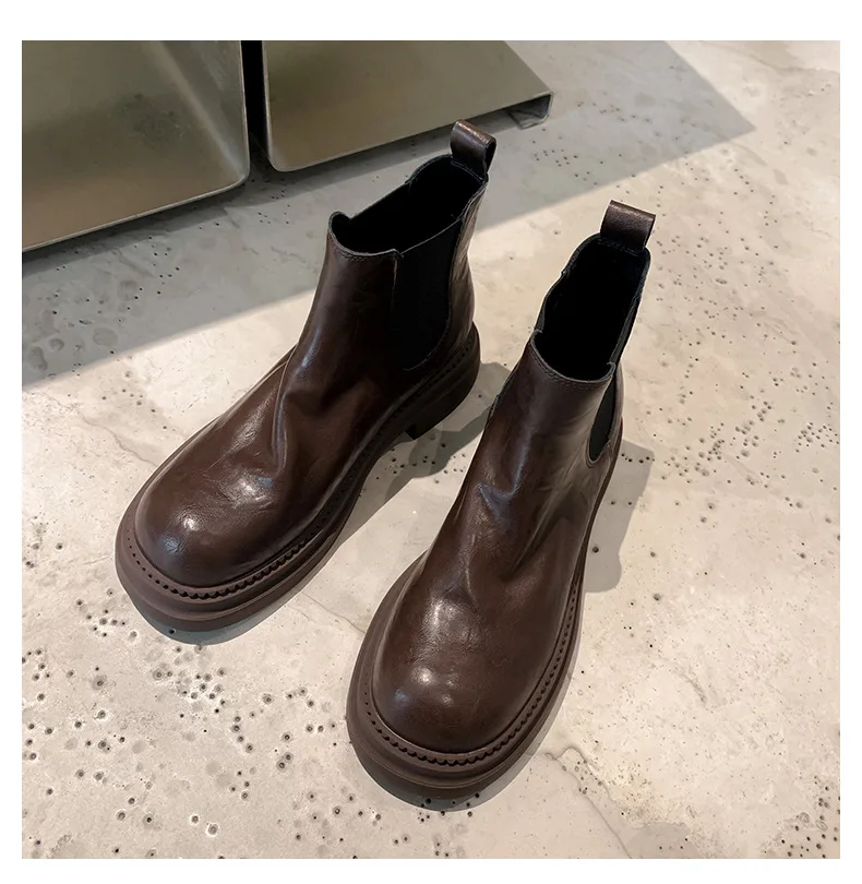 

2025 Women's Thick-Sole Chelsea Boots Black Brown Synthetic Leather Stretch Design Ideal for Fall Winter Jeans Dress Outfits