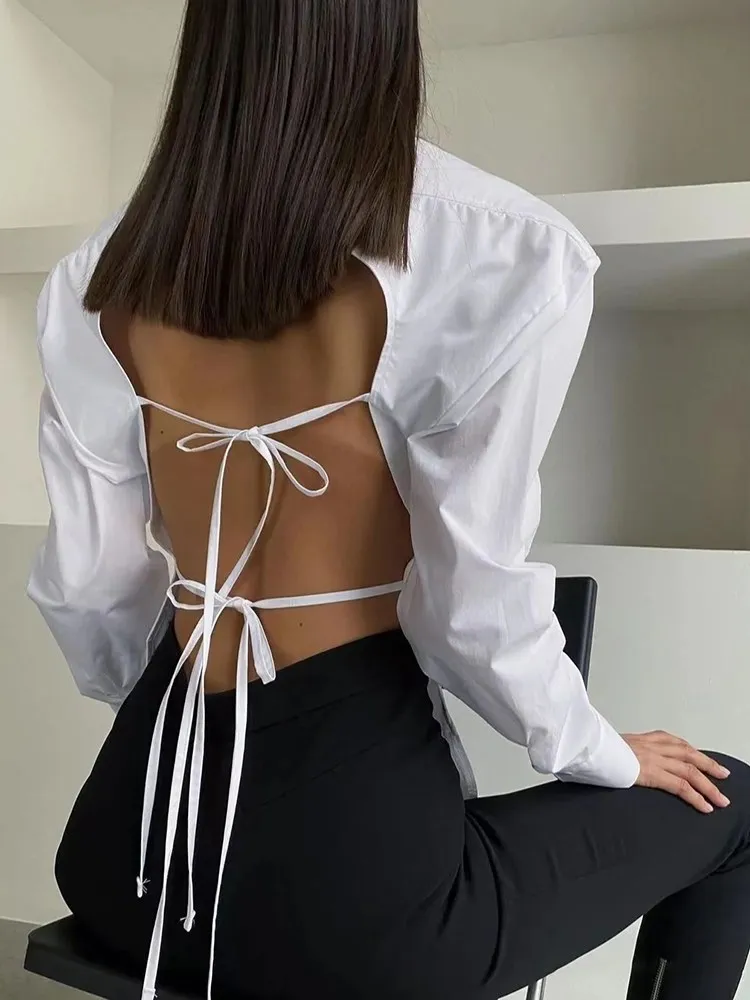 TWOTWINSTYLE Solid Spliced Lace Up Shirt For Women Lapel Long Sleeve Backless Patchwork Single Breasted Chic Shirts Female Style