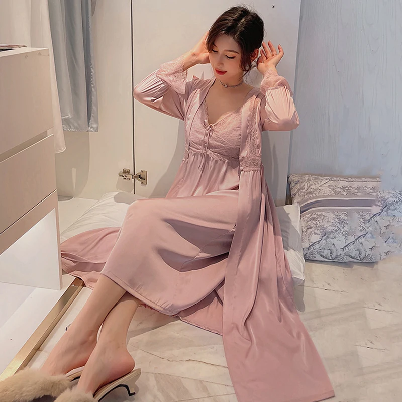 Women\'s Pajamas Robe Sets Sexy Lace V Neck Nightgowns Sleepwear Homewear Luxury Bathrobe Night Dress 2 Pieces Home Clothes Femme