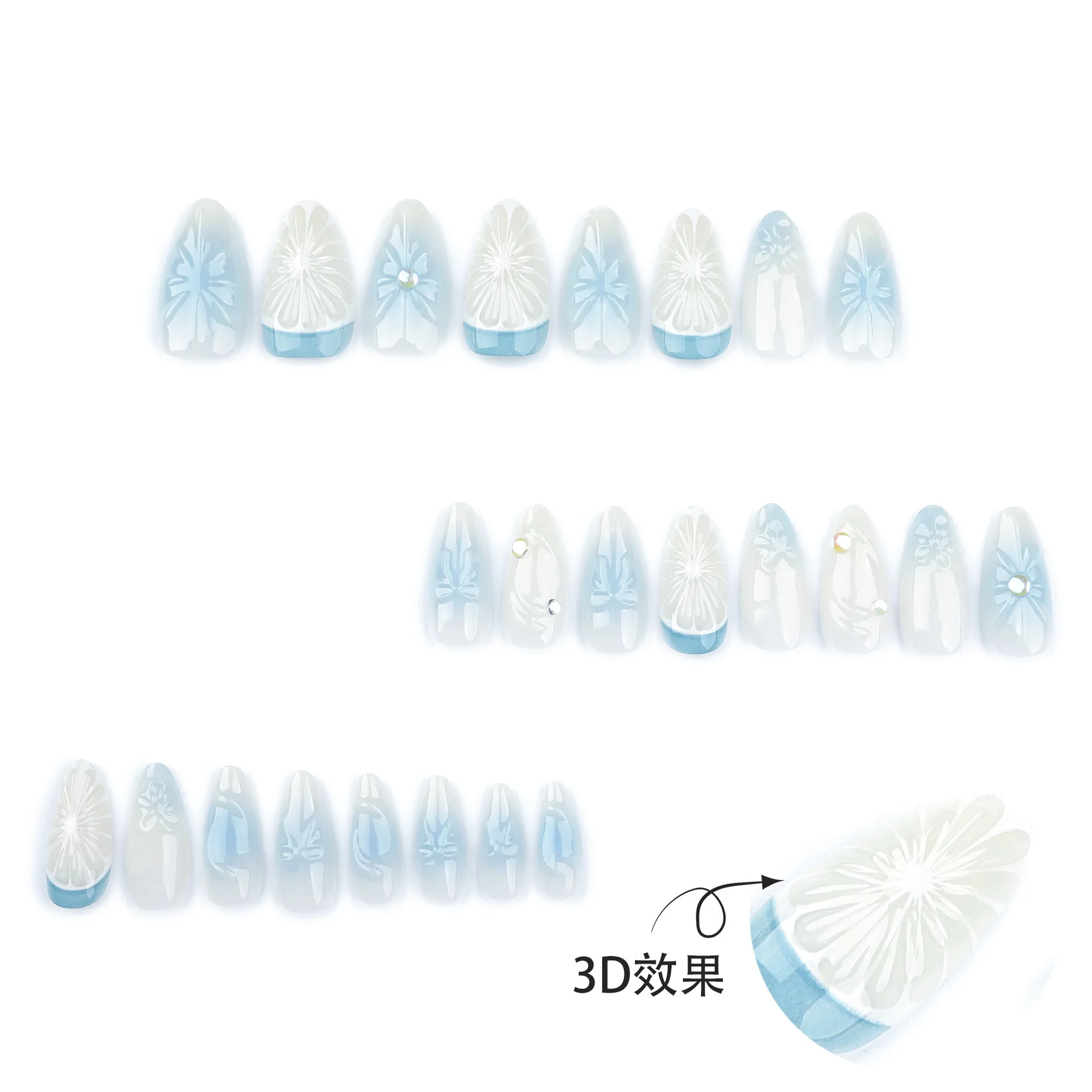 24pcs Blue Smudge False Nail Tips 3D Lemon Bowknot Designs Press On Nails Detachable Almond Fake Nail Simple Manicure Art