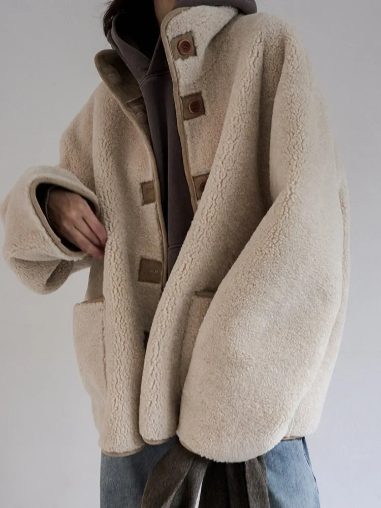 

Lamb Fur Jaet Women's Casual Loose Fit Stand Collar Single Button Leather And Fur Inteated Outerwear Commute Sle Coat