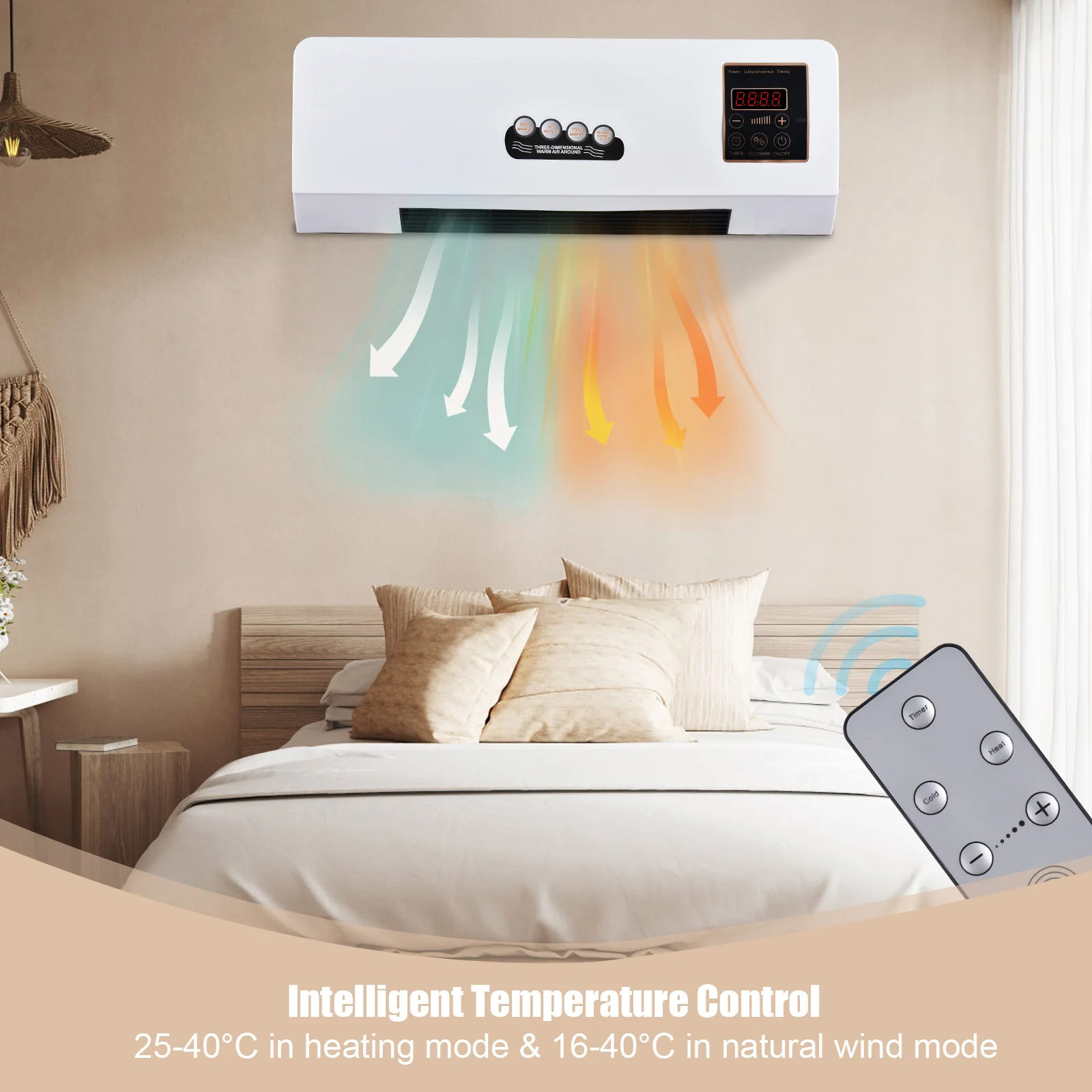 Calentador y ventilador de aire acondicionado 2 en 1, temporizador combinado, ventilador eléctrico montado en la pared y calentador de espacio, Control remoto para dormitorio y hogar