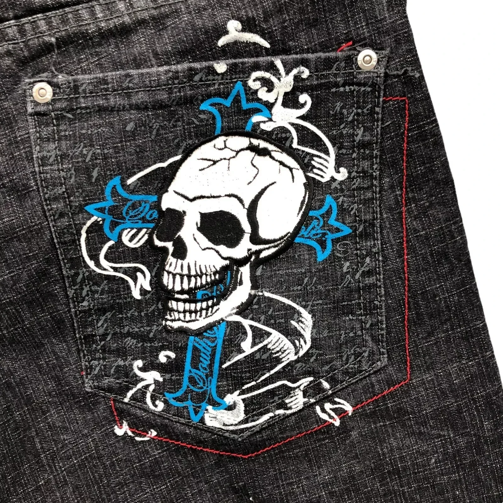 Y2K New Skull Embroidered Denim Shorts Summer Retro Fashion Versatile Shorts Men's Street Harajuku Hip Hop Loose Wide Leg Shorts