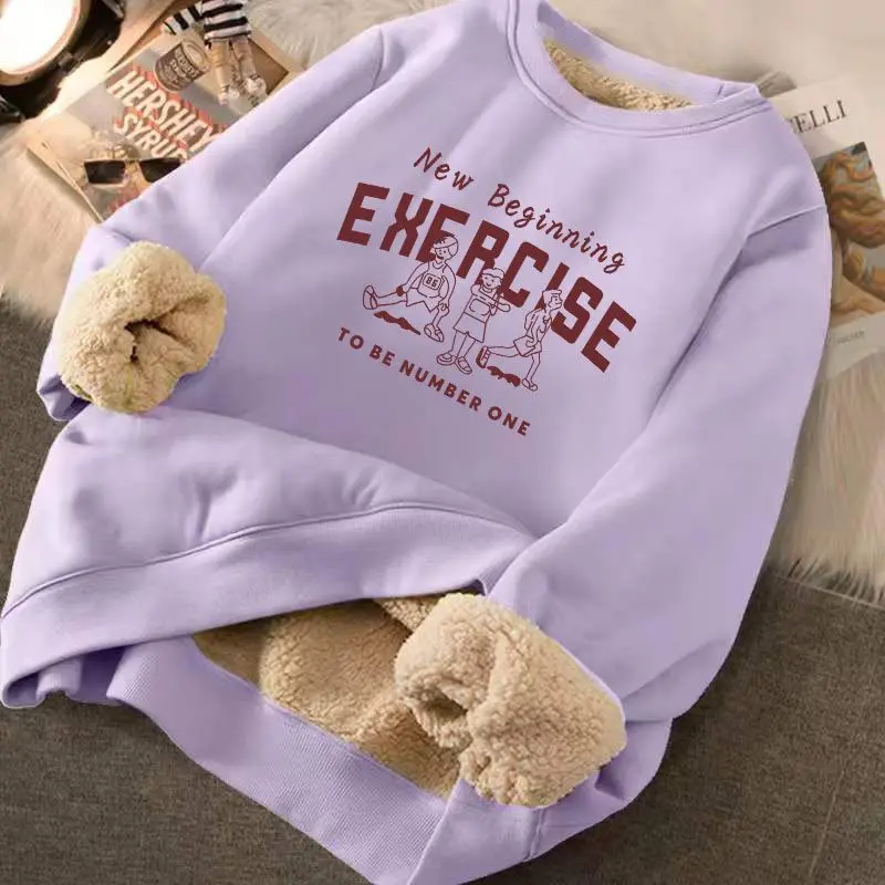 Sweatshirt Women\'s Winter Loose Letter Print Plush Thick Hooded Sweatshirt Warmth Padded Warm Fleece Lined Pullover Sweater Top